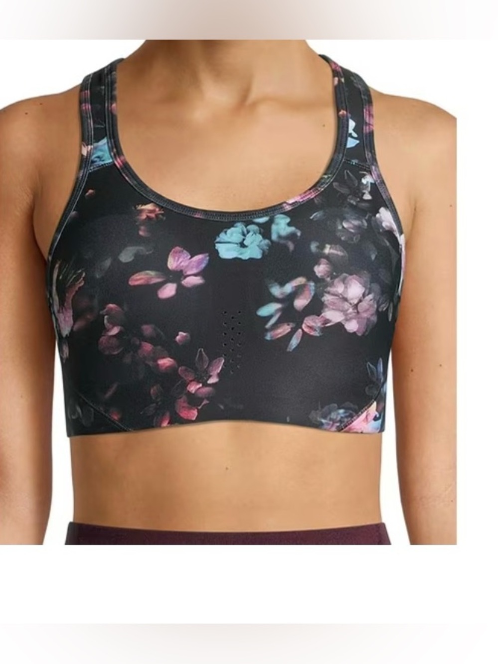 Avia Black Floral Racerback Sports Bra with Pink & Teal Accents